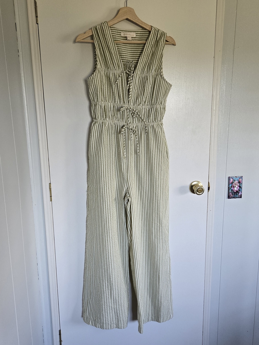 Monteau Sage Striped Sleeveless Drawstring Jumpsuit